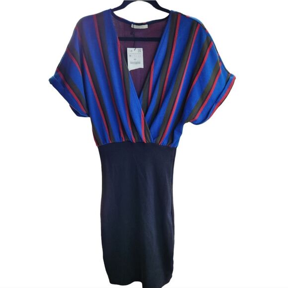 Zara Contrast Color Dress Faux Wrap‎ Striped Fitted Bottom Medium - Picture 1 of 8